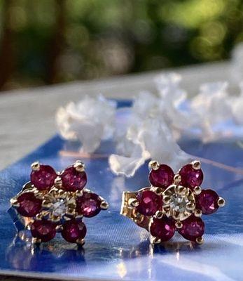 Vintage 14K Ruby and Diamond stud earrings.