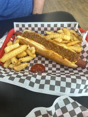 Foot long chili dog with fries