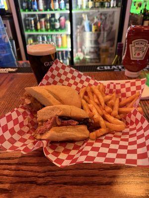 Irish Philly sandwich, fries and a Guinness