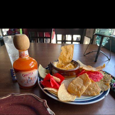 Spicy Crab dip w/Cholula hot sauce on the side. This is delicious!!!!! The hot sauce on the side is everything for this dish.
