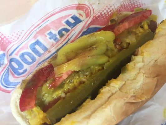 Chicago style hotdog. Everything on this bad boy.