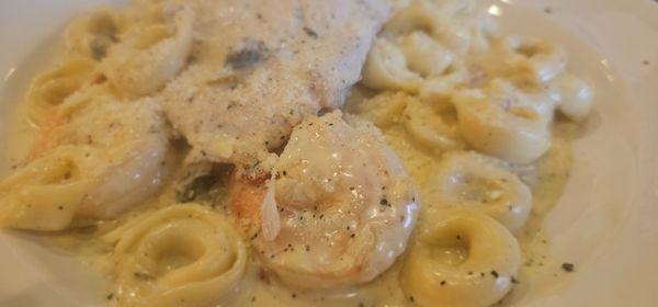 Chef's Favorite. Jumbo shrimp and chicken breast served on top of a heap of cheese tortellini, drenched in a creamy Alfredo sauce