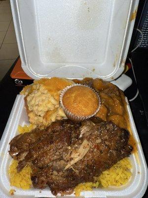 Turkey Wings, Mac & Cheese, Yams, Yellow Rice, and Cornbread