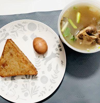 Breakfast items (left): Fried Taro Triangle Cake, Tea Egg Lunch/Dinner (right): Ox Tail Noodle Soup