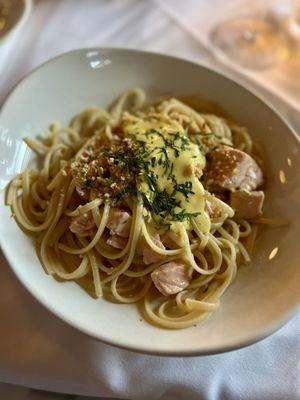 Linguine with native "Pesci del Giorno" and house preserved lemons. Salmon was the fish.