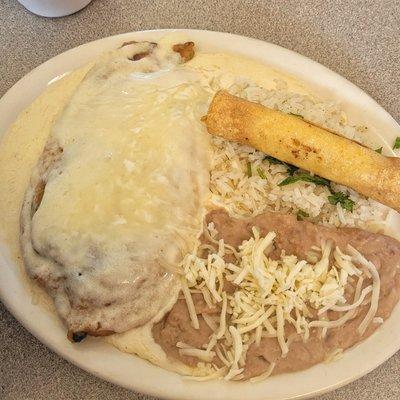 10.18.22 - Dos Combination: Soft Chile Relleno Smothered in Cream Sauce, Chicken Flauta, Cilantro Lime Rice and Beans