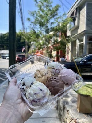 Seat salt straciatella, peach crisp, sweet corn blueberry x2, chocolate milk, and strawberry balsamic