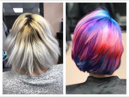Before: Damaged from bleach, uneven color and tone. After: Healthy, vibrant, perfect unicorn hair!