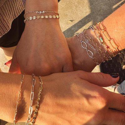 Custom permanent bracelet stacks. Mixed metal, sterling silver and 14k gold filled materials. Custom gemstone connectors