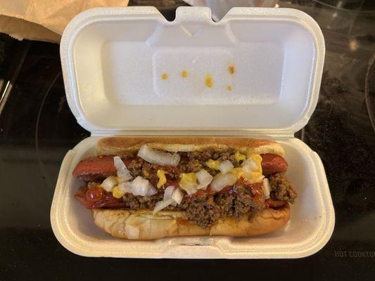 Jumbo hot dog with chili