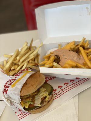 Cheeseburger animal style with chillies, order of fries and animal style fries. $10.87