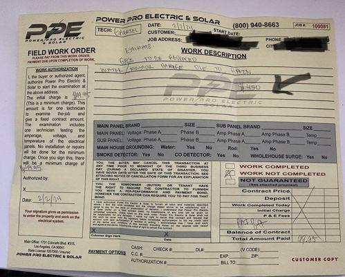 Estimate for service- $450