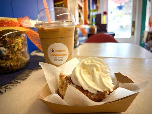 Peach pastry and iced latte