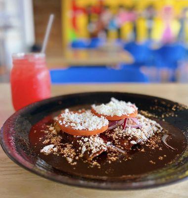 Enchiladas de Mole: Chicken, queso fresco, onions ($13) + Watermelon Agua Fresca ($4.50)