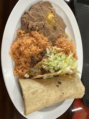 Beef burrito and taco combo (added steak)