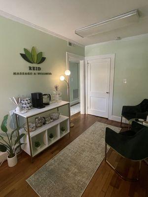 Our waiting room, outfitted with coffee and tea.