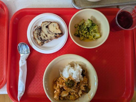 Fusion Thursday: sweet and sour chicken and rice, broccoli with cheese, and dessert.