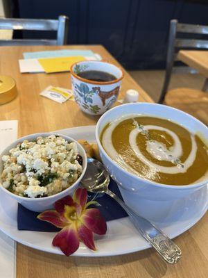 Butternut Squash Soup, couscous salad, coffee--and the orchid!