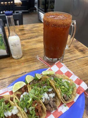 Carne asada + al pastor tacos + micheladas