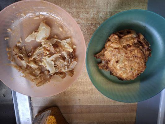 A photo of chicken egg foo young patty, Instead onions egg foo young patty, more jumbo onions then chickem