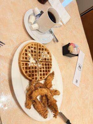 Waffle, chicken tenders, and coffee