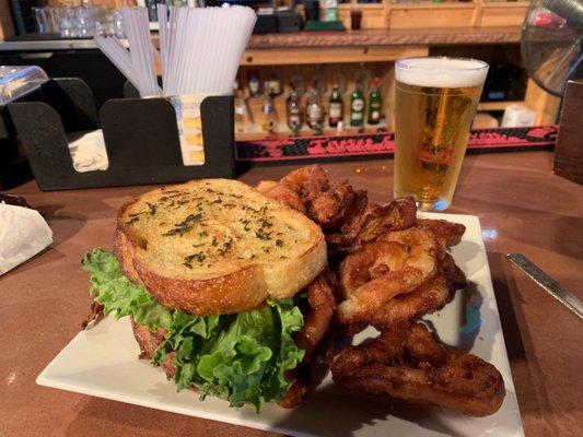Giant BLT with lots of bacon and about a wheelbarrow full of onion rings!