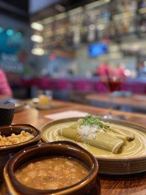 Enchiladas w charros beans & chorizo Mac & cheese