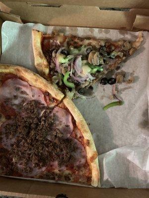 Slice of Delight and hamburger, pepperoni and canadian bacon pizza!