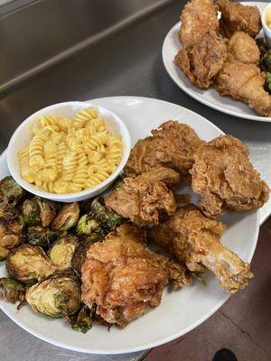 Half Famous Fried Chicken with Mac & Cheese and Brussels Sprouts