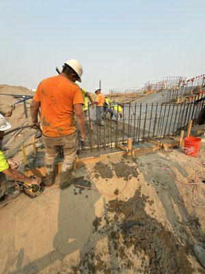 "Team expertly pouring and shaping reinforced concrete for a structural wall."