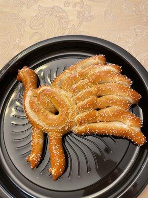 Jim' custom-made turkey. He also does Holiday trees and wreaths among other creations. A pretzel artist.