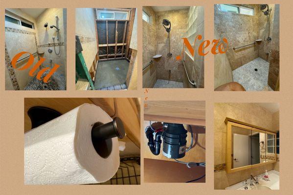 Downstairs shower completed 6-4-24 New:  wall & floor tiles, fixtures, outdoor hose bib and Grab bars, tp holder, kitchen disposal