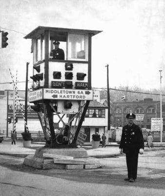 Traffic tower at the intersection of West Main & Colony Streets, Meriden, CT., circa 1950.