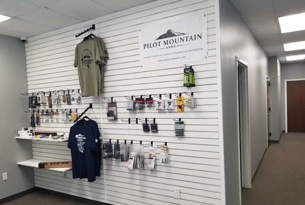 Pilot Mountain Arms retail area with parts for AR-15s, 1911's and precision rifles