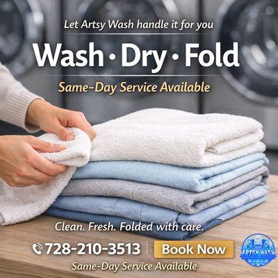 Professional wash & fold services with fast turnaround. Clean, reliable, and convenient laundry care. Visit Artsy Wash today.