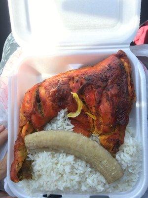 The largest chicken and rice plate you will ever get for $5 dollars. Comes with a side of beans.