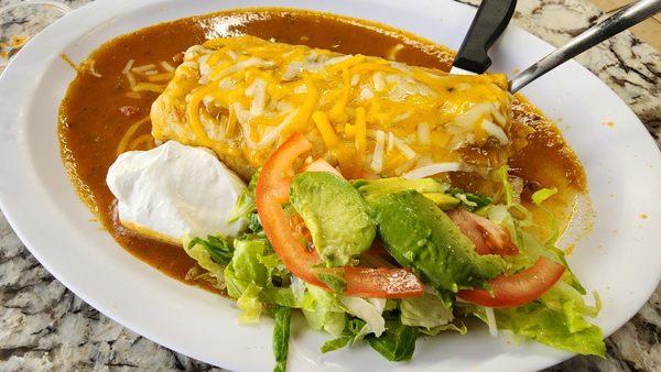 Smothered bean and cheese burrito.