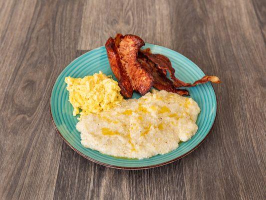 Super Nola: grits, scrambled eggs and two proteins