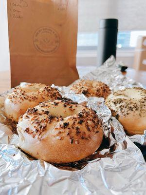 Assorted bagels: everything, onion, garlic, and zaatar