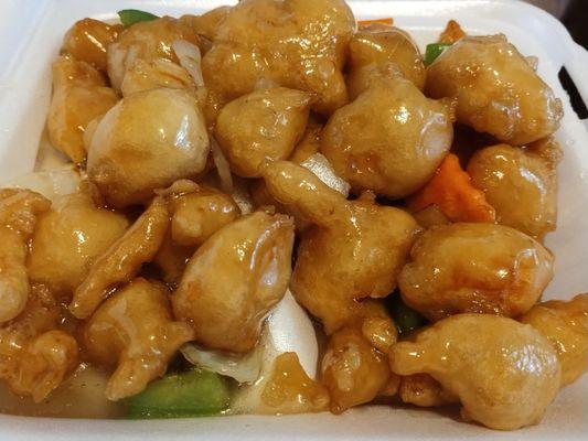 An order of Honey Chicken, comes with fried rice.