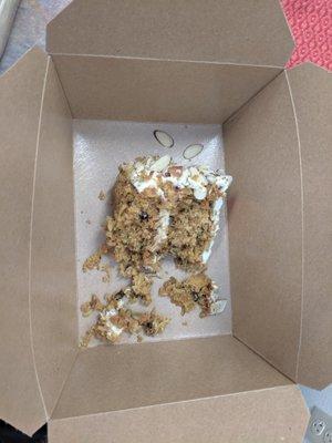 My partial slice of carrot cake. I did not eat any of this when the photo was taken, this is how it came to me. Disappointing for $8.