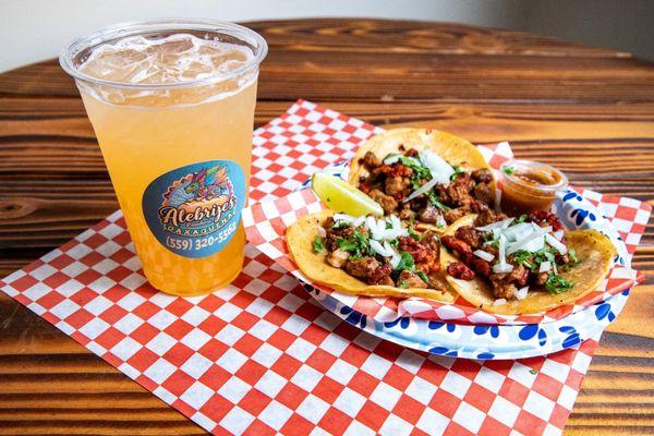 Asada Tacos accompanied by our refreshing pineapple water