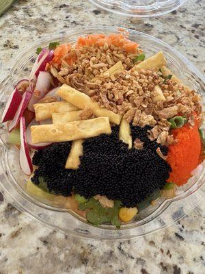 Poke bowl with 2 proteins and various toppings