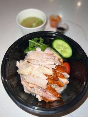 Classic Chicken Rice Set (~$17): half poached & half roasted chicken