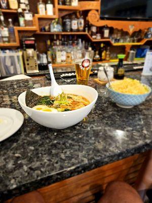 Ramen Noodles personally selected with Kimchi broth, shrimp, Egg, seaweed, and veggies. Seasoning was delicious and fresh.