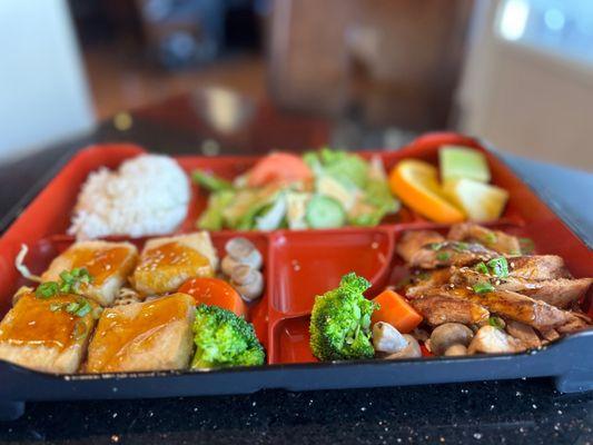 Lunch special with tofu steak and teriyaki chicken