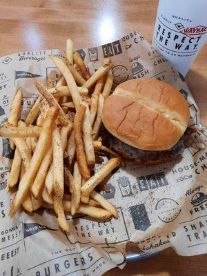 Lunch special- double patty burger w fries and a drink.