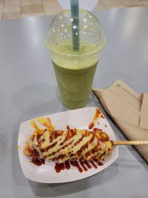 Potato hotdog and Matcha Smoothie with boba. I already drank/ate most of the boba cause it was good.