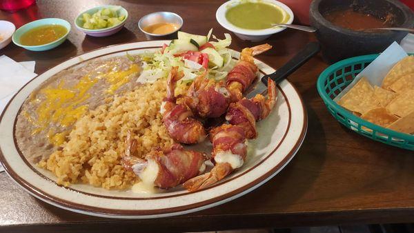 Bacon Wrapped Shrimp was very good. Rice and Beans for both of us was too salty.