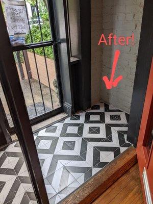 AFTER: Clean installation, near perfect tile cuts, and perfect grouting.